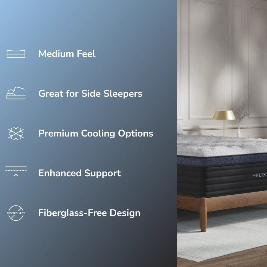 Helix Mattress with features listed like fiberglass-free