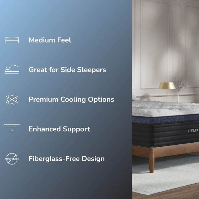 Helix Mattress with features listed like fiberglass-free