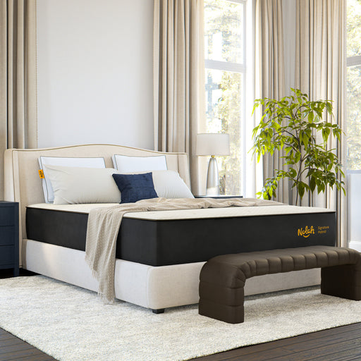 Bedroom with a featuring Nolah mattress, pillows, and a plant near a window.