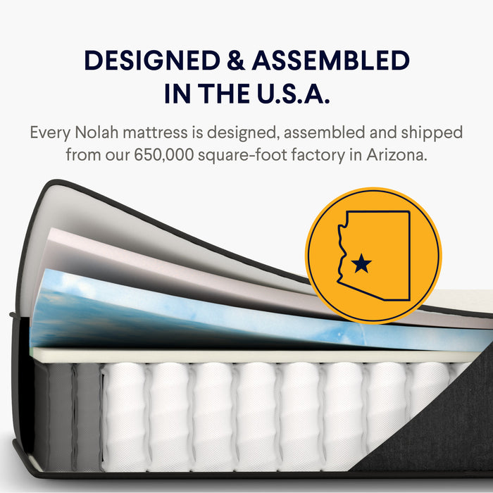 Promotional graphic for a mattress showing a cutaway view of layered mattress layers and white spring coils, with text stating 'DESIGNED & ASSEMBLED IN THE U.S.