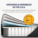 Promotional graphic for a mattress showing a cutaway view of layered mattress layers and white spring coils, with text stating 'DESIGNED & ASSEMBLED IN THE U.S.