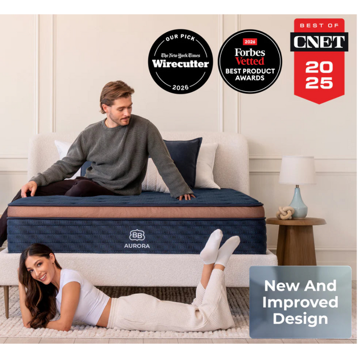 Two people on a blue Aurora mattress with awards displayed above them