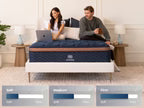 Couple using a laptop on a mattress with Aurora branding, in a home setting.
